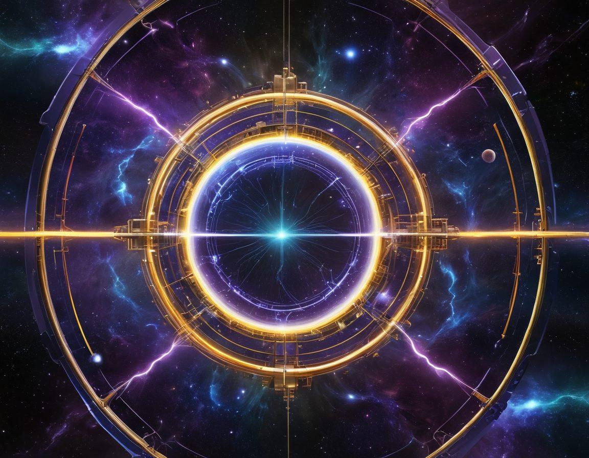 A visually stunning representation of electric energy innovations transitioning from quantum structures on one side, showcasing intricate circuits and particles, to a galactic scene on the other, with starry skies and energy flowing like galaxies. The colors should shift from deep blues and purples to vibrant yellows and greens at the center, symbolizing energy flow. Incorporate elements like lightning bolts, futuristic technology, and abstract shapes to enhance the theme of exploration. super-realistic. vibrant colors. cosmic backdrop.