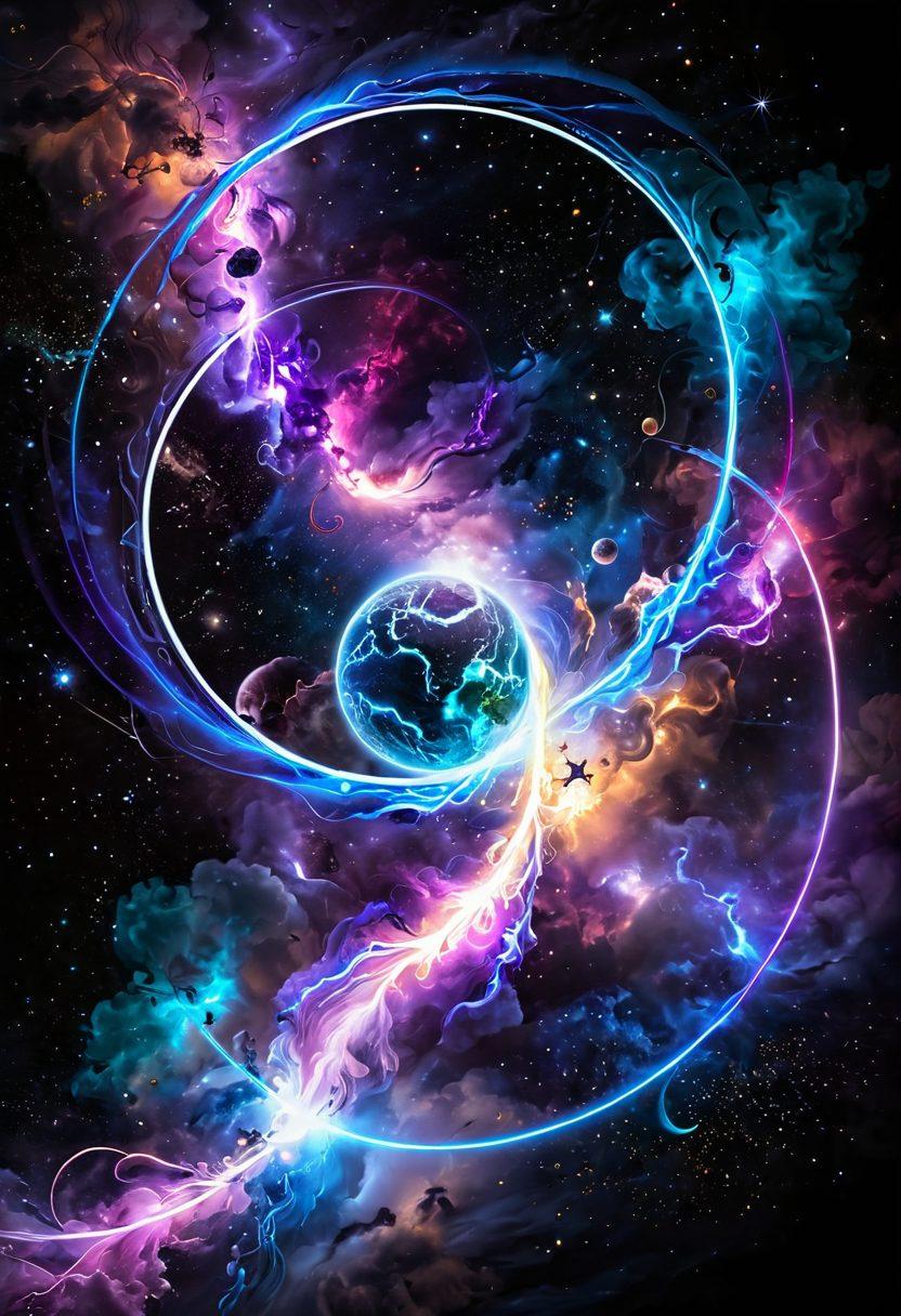 A mesmerizing cosmic scene depicting vibrant electric arcs and energy currents flowing through a starry universe, intertwined with planets and celestial bodies. Include glowing orbs representing energy sources, with ethereal clouds and bursts of light creating a sense of wonder. The overall color palette should be deep blues, purples, and brilliant whites, capturing the mystical essence of cosmic energy. super-realistic. vibrant colors. dark background.