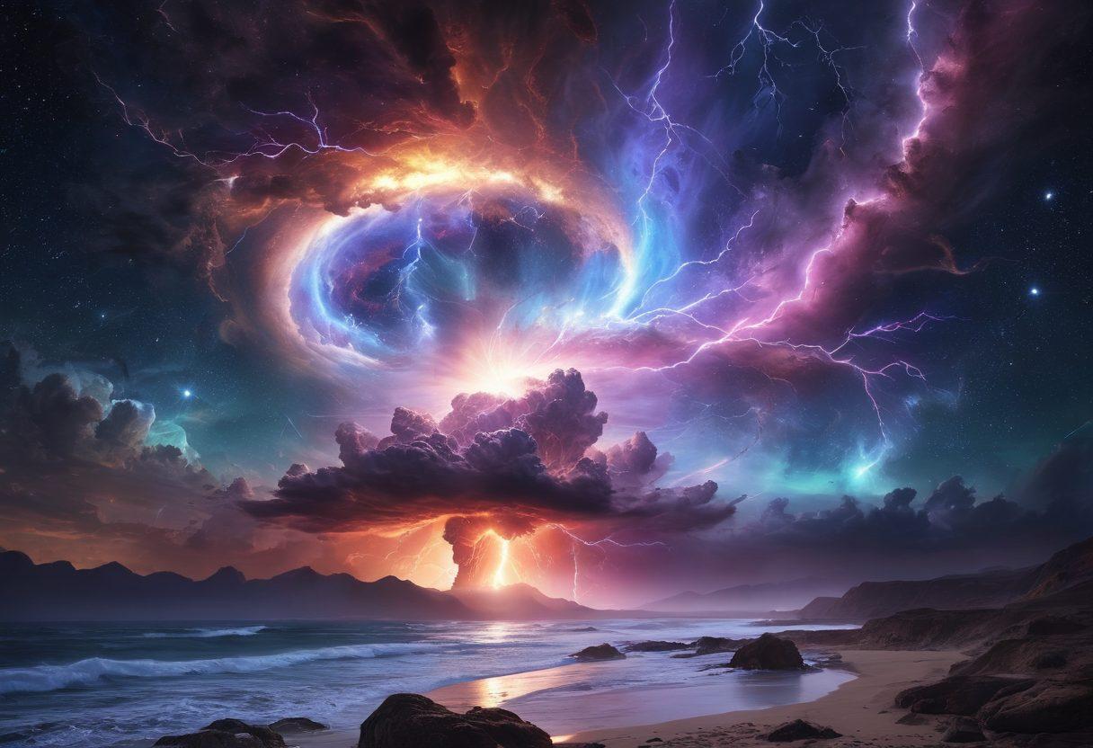 A stunning depiction of cosmic phenomena, showcasing vibrant lightning storms and electric currents weaving through a starry expanse of the universe. Include swirling galaxies and colorful nebulae as a backdrop, with a bright supernova explosion in the distance. Incorporate visual representations of electric fields and waves interacting with celestial bodies. Emphasize a sense of mystery and awe in the cosmic scenery. super-realistic. vibrant colors. 3D.